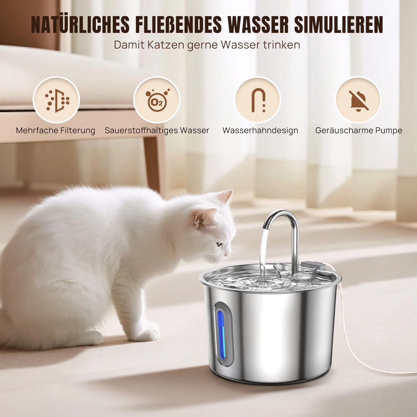 2.2L Stainless Steel Cat Water Fountain – Automatic Pet Water Dispenser with Quiet Pump & Visible Window