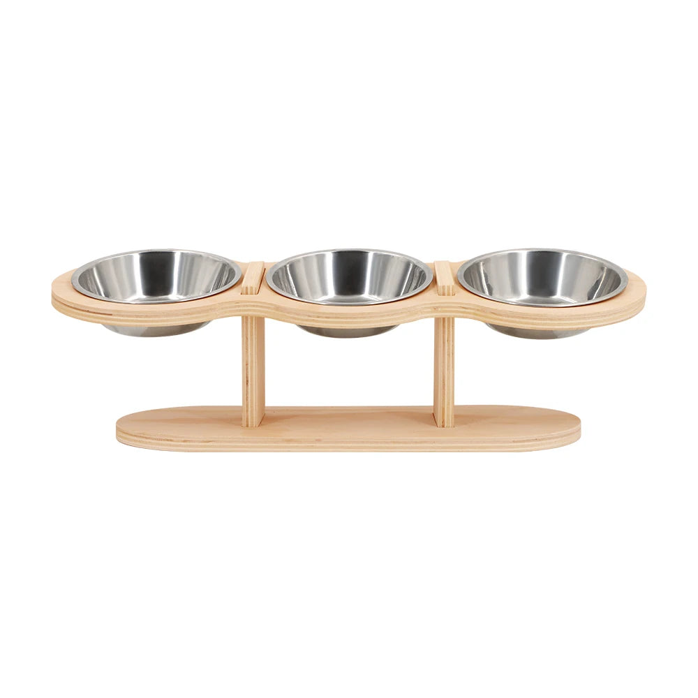 Elevated Cat Bowls with Wooden Stand – 3 Stainless Steel Feeding & Water Bowls for Cats & Puppies