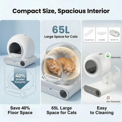 Smart Self-Cleaning Cat Litter Box 65L – WiFi App Control, Odor Removal, Quiet Closed Design for Multi-Cat Homes