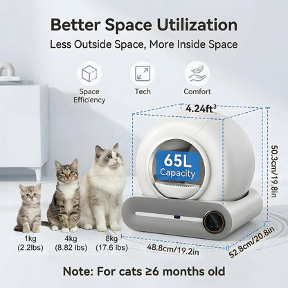 Smart Self-Cleaning Cat Litter Box 65L – WiFi App Control, Odor Removal, Quiet Closed Design for Multi-Cat Homes