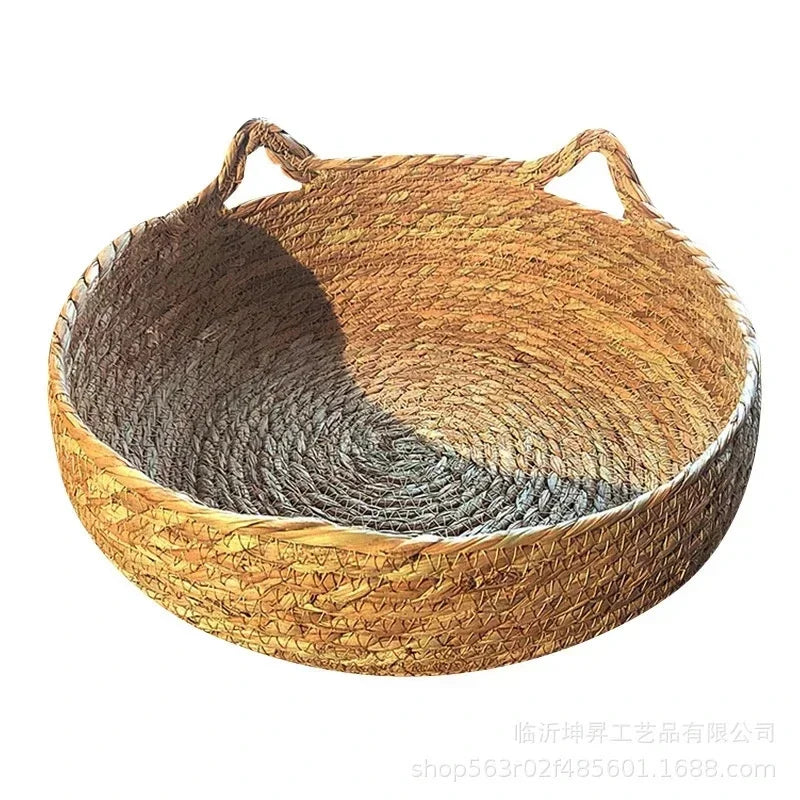 Woven Rattan Pet Bed – Round Donut Design with Soft Cushion for Cats & Small Dogs