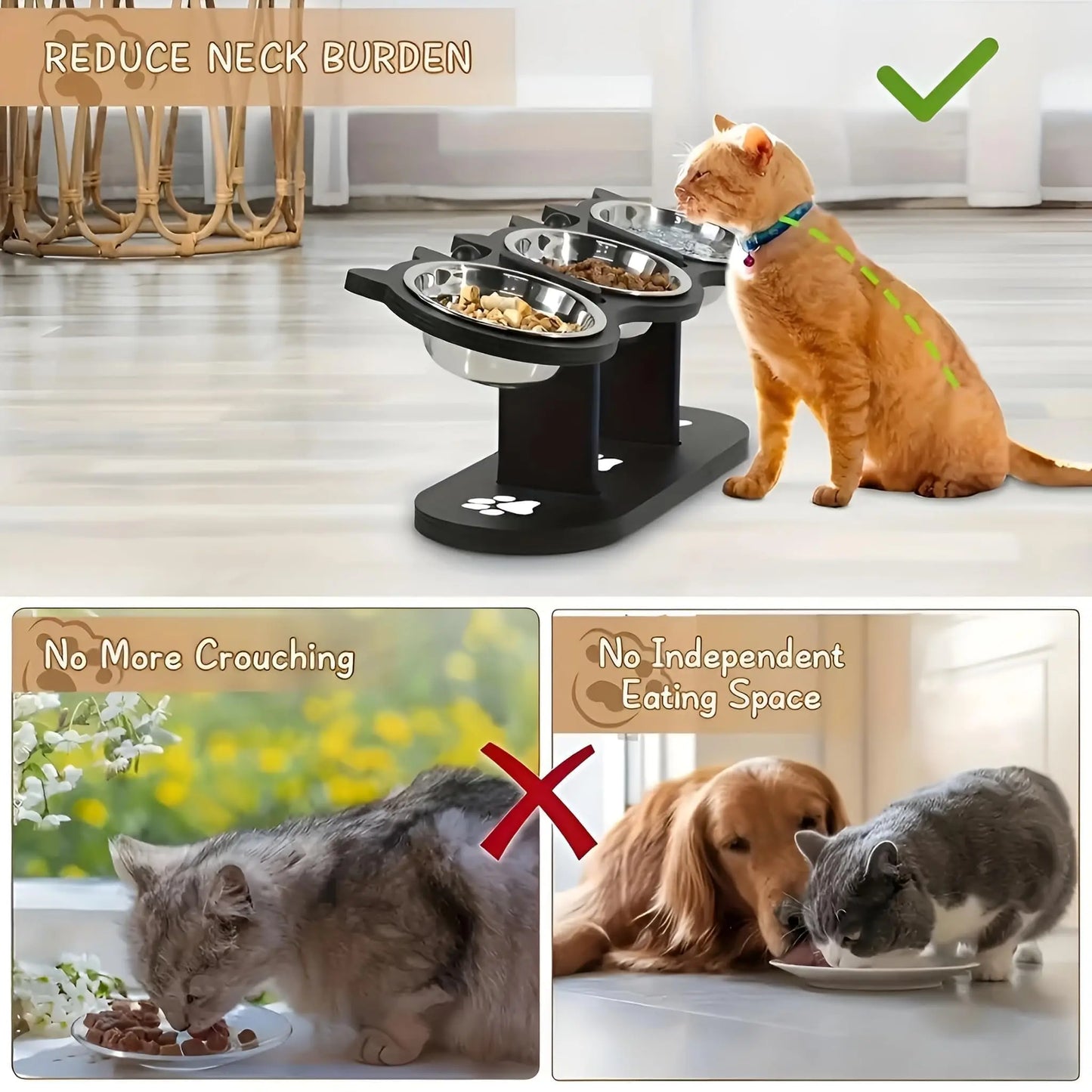 Elevated Cat Bowl with Wooden Stand – 15° Tilted Stainless Steel Food & Water Feeder