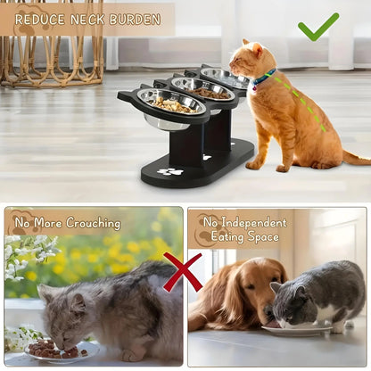 Elevated Cat Bowl with Wooden Stand – 15° Tilted Stainless Steel Food & Water Feeder