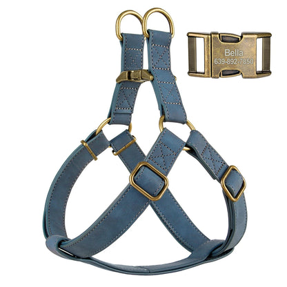Custom PU leather dog harness and leash set with engraved ID buckle. Durable vest-style harness with matching lead rope, ideal for small and medium dogs, including bulldogs.