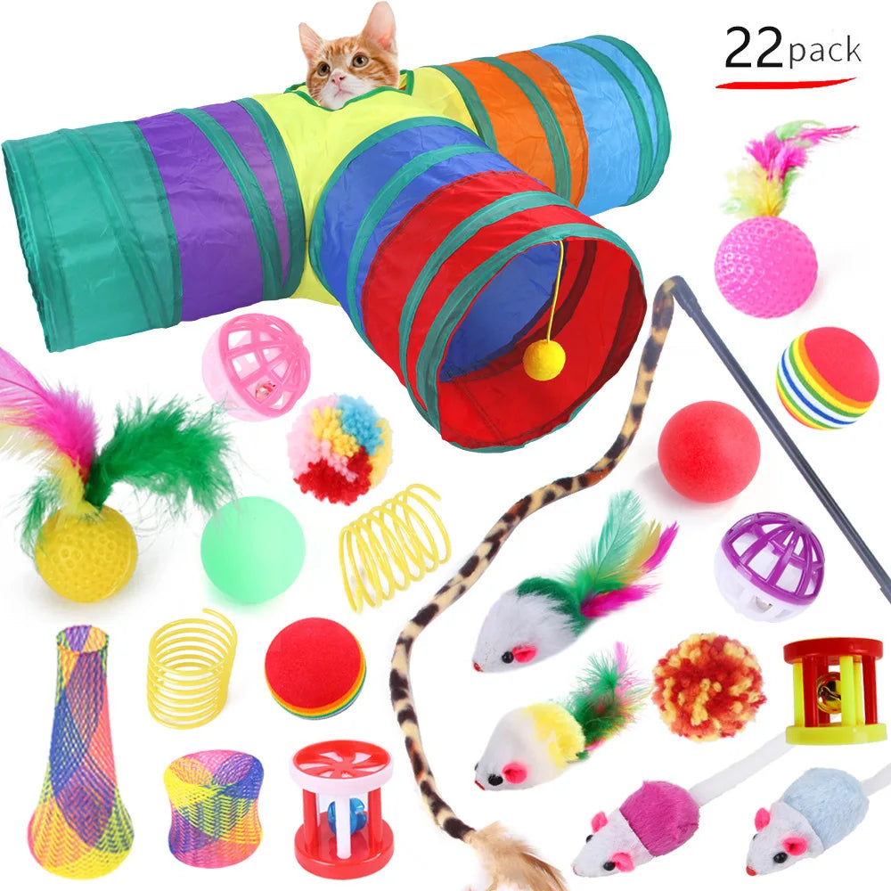 12–24PCS Cat Toy Set – Fun Interactive Kit with Wand, Sisal Mouse, Bells & Balls