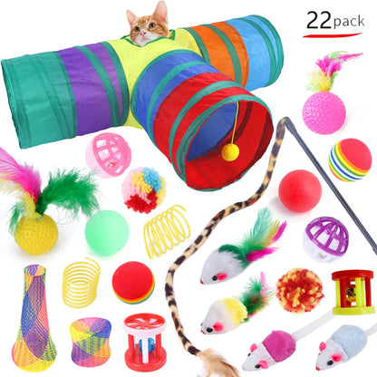 12–24PCS Cat Toy Set – Fun Interactive Kit with Wand, Sisal Mouse, Bells & Balls