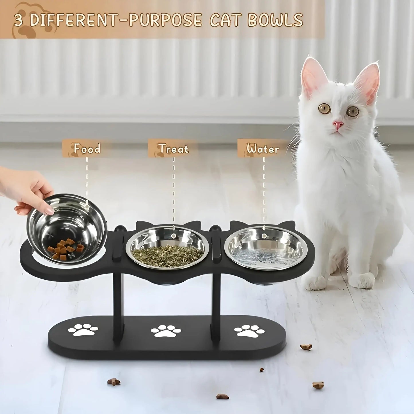 Elevated Cat Bowl with Wooden Stand – 15° Tilted Stainless Steel Food & Water Feeder