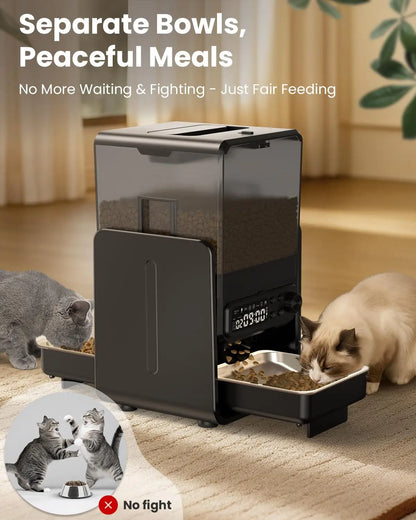 Smart Automatic 5G WiFi Cat Feeder with Dual Bowls, 5L Adjustable Dry Food Dispenser for Two Cats and Small Pets