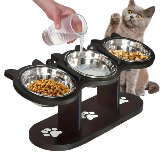 Elevated Cat Bowl with Wooden Stand – 15° Tilted Stainless Steel Food & Water Feeder