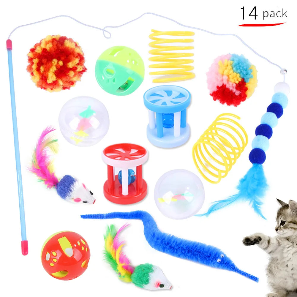 12–24PCS Cat Toy Set – Fun Interactive Kit with Wand, Sisal Mouse, Bells & Balls
