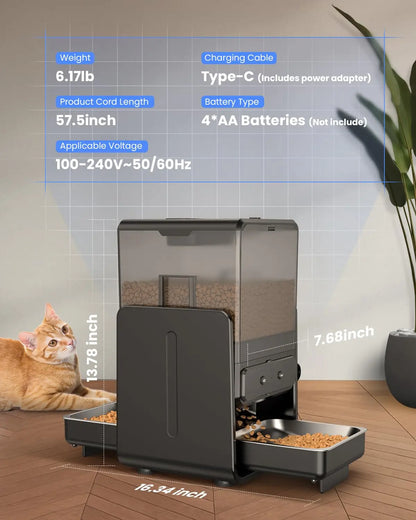 Smart Automatic 5G WiFi Cat Feeder with Dual Bowls, 5L Adjustable Dry Food Dispenser for Two Cats and Small Pets