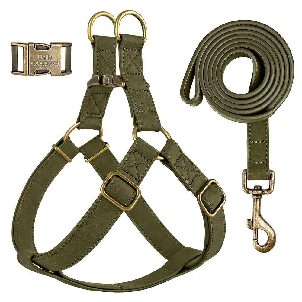 Custom PU leather dog harness and leash set with engraved ID buckle. Durable vest-style harness with matching lead rope, ideal for small and medium dogs, including bulldogs.