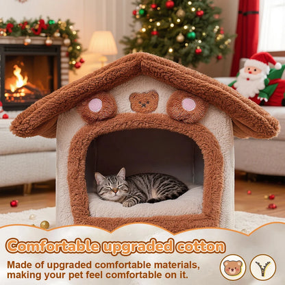 Extra Large Foldable Cat House with Cushion – Cute Bear Design, Warm Semi-Enclosed Pet Bed