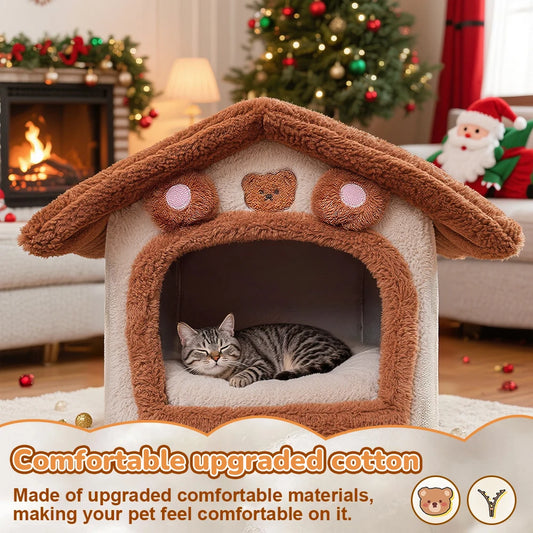 Extra Large Foldable Cat House with Cushion – Cute Bear Design, Warm Semi-Enclosed Pet Bed