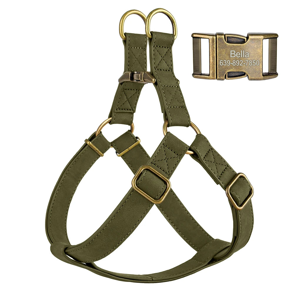 Custom PU leather dog harness and leash set with engraved ID buckle. Durable vest-style harness with matching lead rope, ideal for small and medium dogs, including bulldogs.