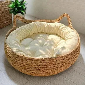 Woven Rattan Pet Bed – Round Donut Design with Soft Cushion for Cats & Small Dogs