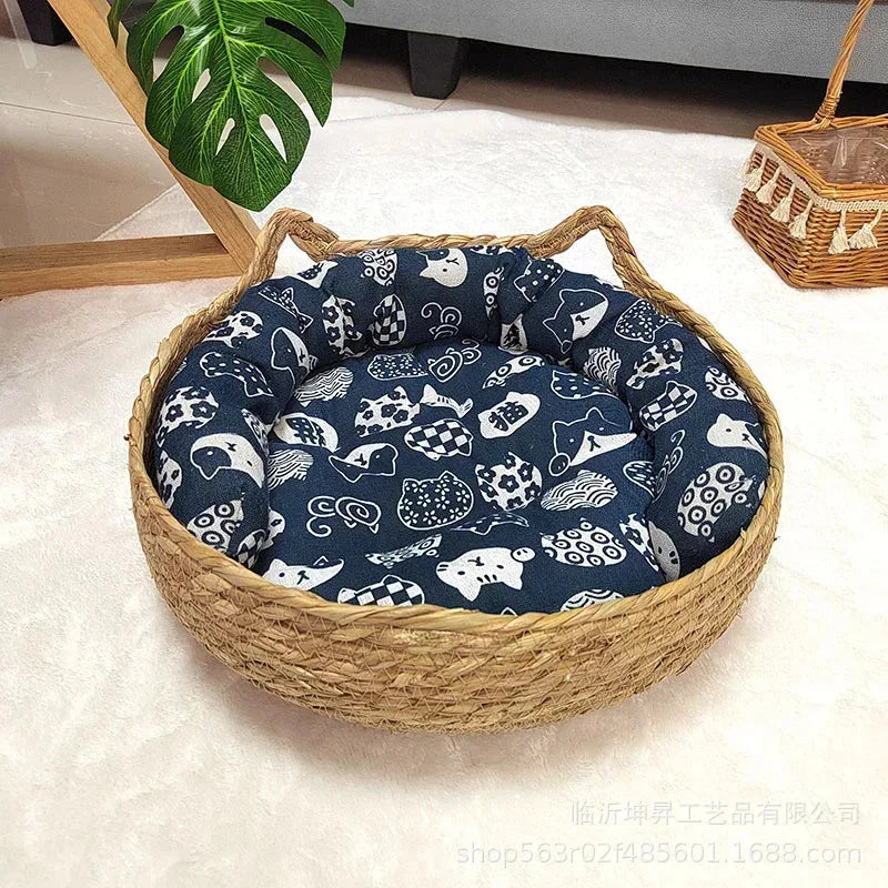 Woven Rattan Pet Bed – Round Donut Design with Soft Cushion for Cats & Small Dogs