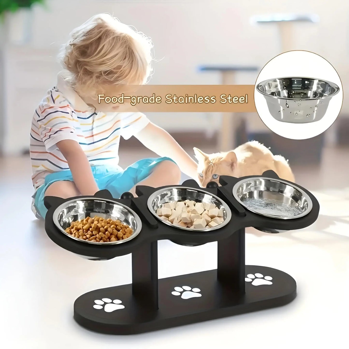 Elevated Cat Bowl with Wooden Stand – 15° Tilted Stainless Steel Food & Water Feeder