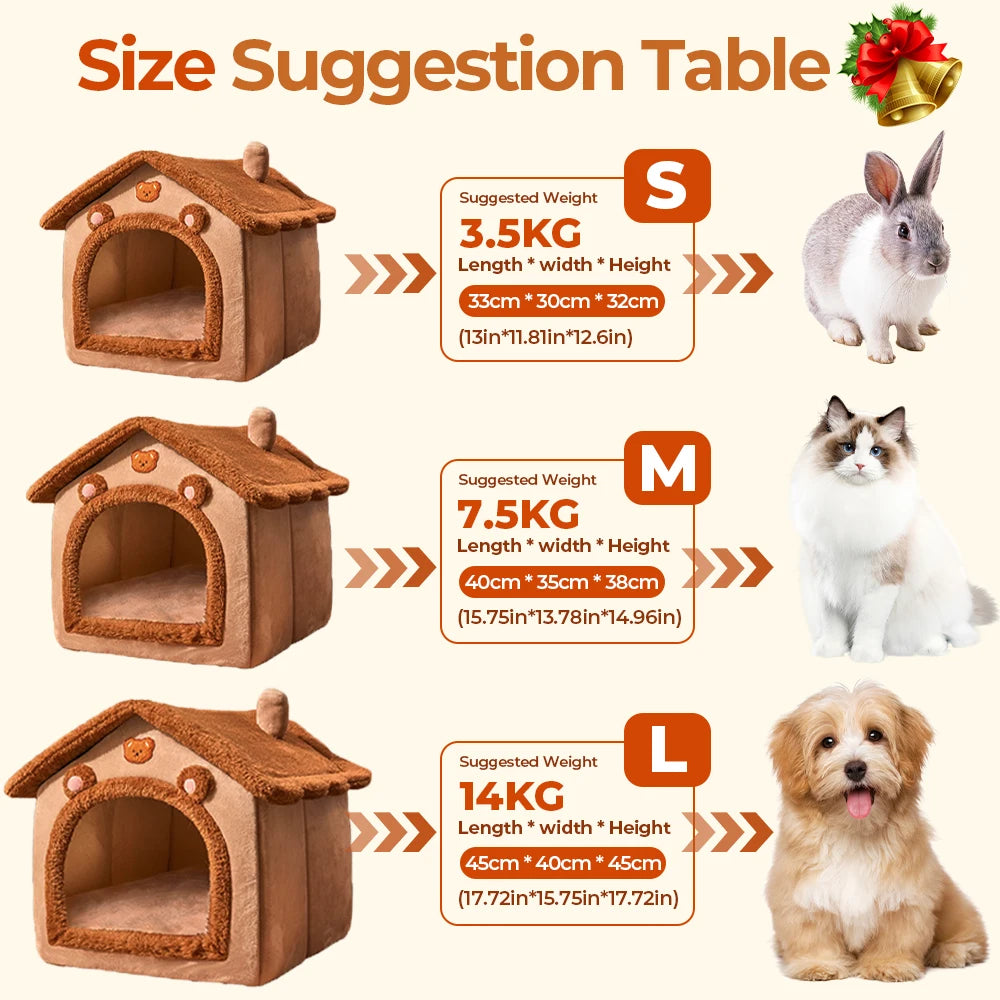 Extra Large Foldable Cat House with Cushion – Cute Bear Design, Warm Semi-Enclosed Pet Bed