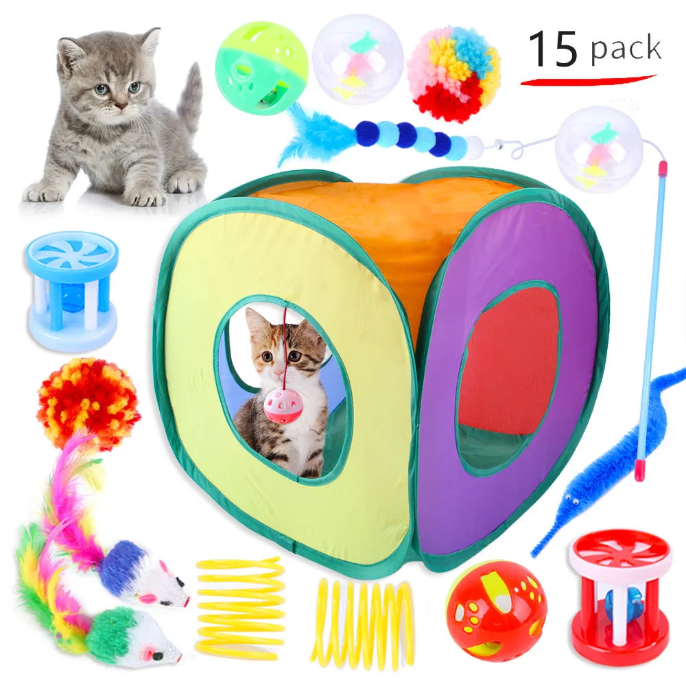 12–24PCS Cat Toy Set – Fun Interactive Kit with Wand, Sisal Mouse, Bells & Balls