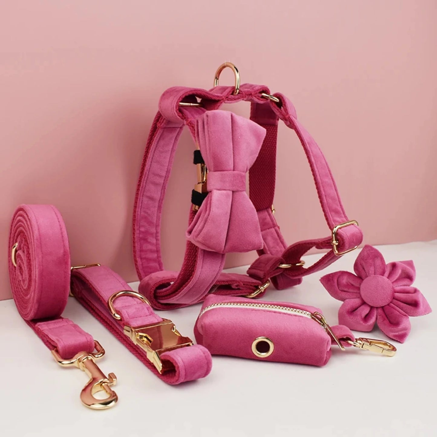 Velvet Dog Collar & Leash Set – Soft Red/Pink Adjustable Set for Dogs