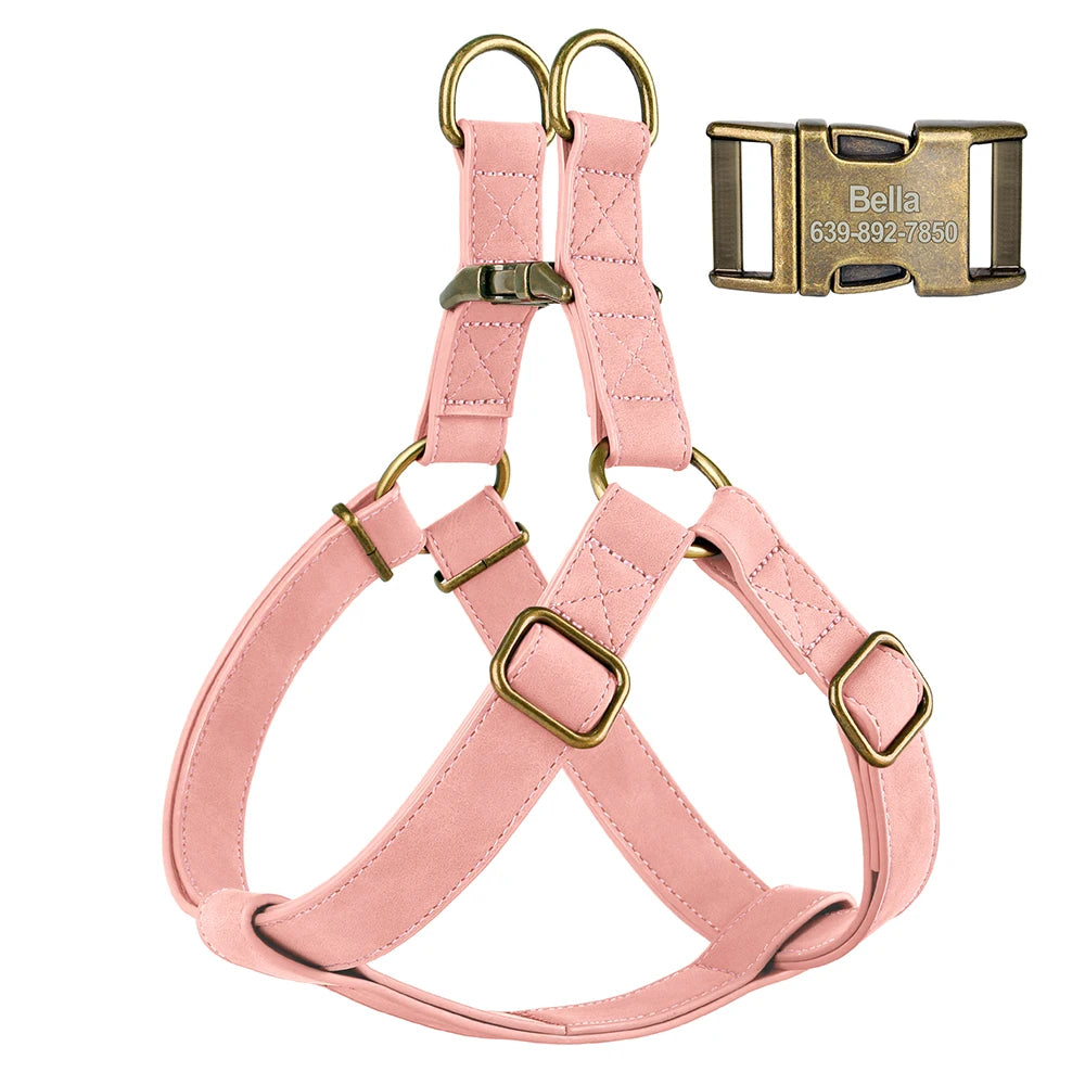 Custom PU leather dog harness and leash set with engraved ID buckle. Durable vest-style harness with matching lead rope, ideal for small and medium dogs, including bulldogs.