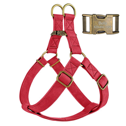 Custom PU leather dog harness and leash set with engraved ID buckle. Durable vest-style harness with matching lead rope, ideal for small and medium dogs, including bulldogs.