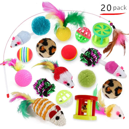 12/20PCS Cat Toy Variety Set – Interactive Kit with Wand, Sisal Mouse, Balls & Bells