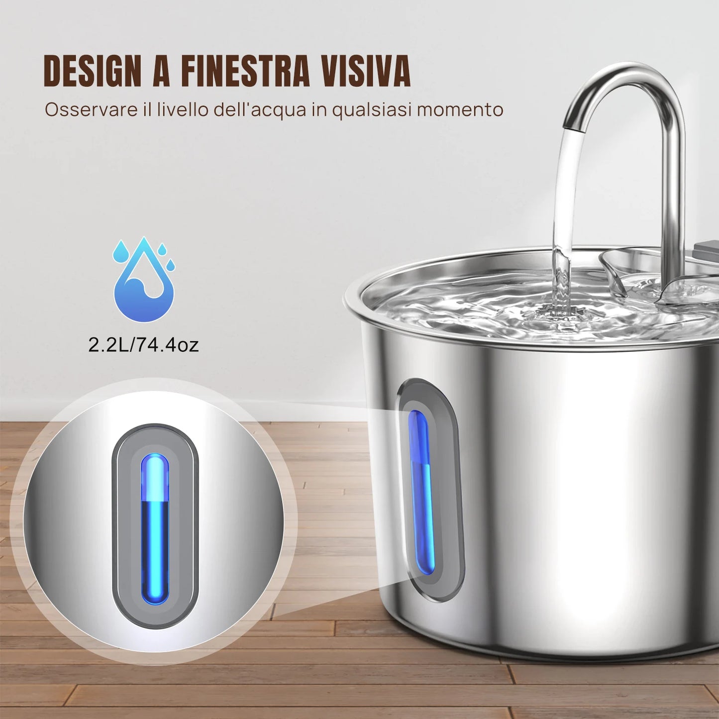 2.2L Stainless Steel Cat Water Fountain – Automatic Pet Water Dispenser with Quiet Pump & Visible Window