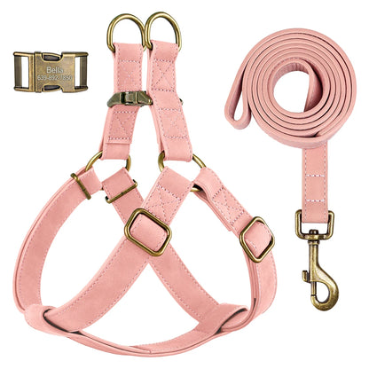 Custom PU leather dog harness and leash set with engraved ID buckle. Durable vest-style harness with matching lead rope, ideal for small and medium dogs, including bulldogs.