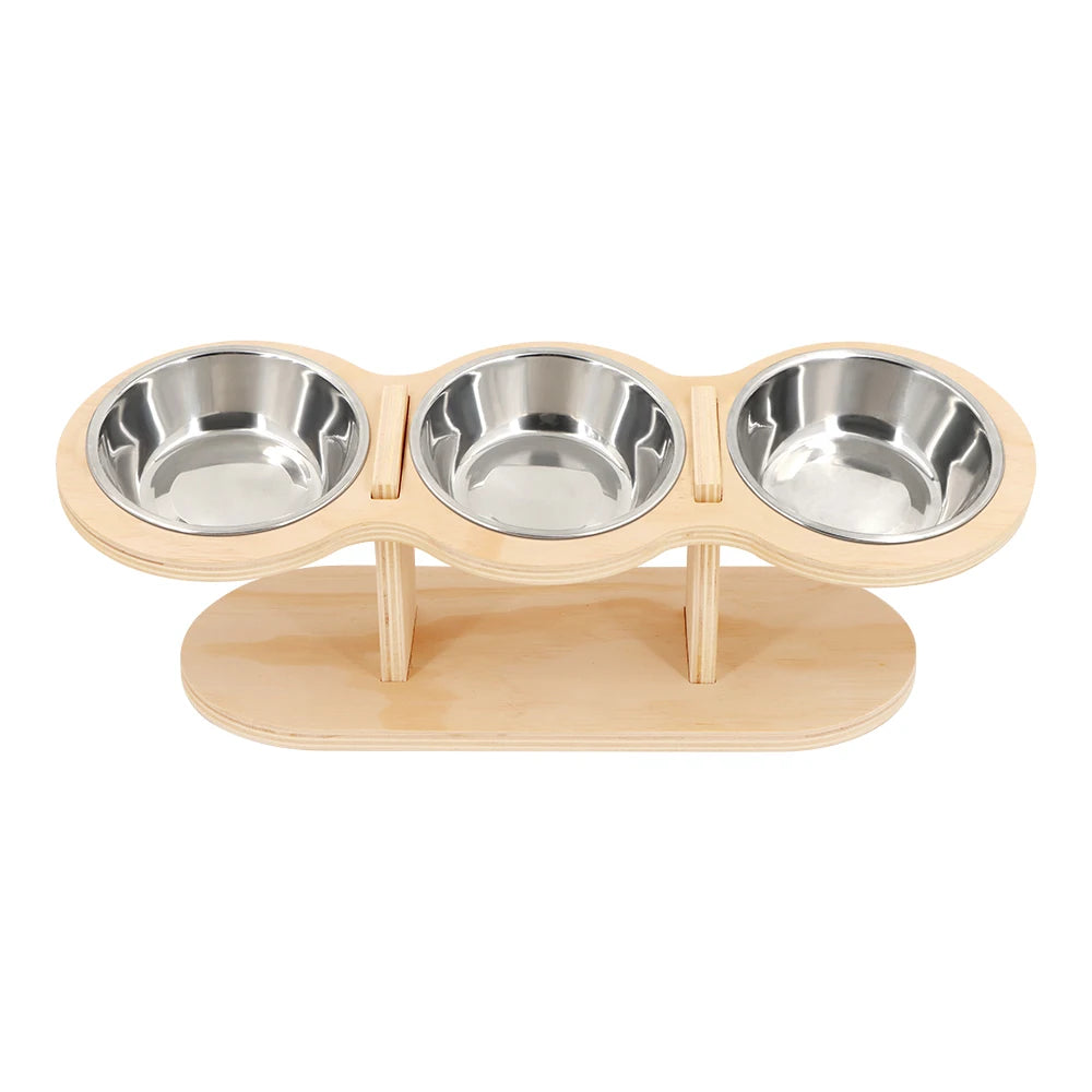 Elevated Cat Bowls with Wooden Stand – 3 Stainless Steel Feeding & Water Bowls for Cats & Puppies