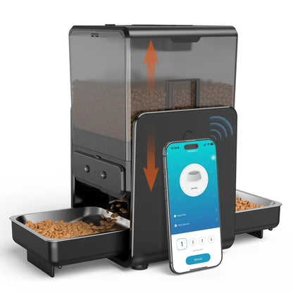 Smart Automatic 5G WiFi Cat Feeder with Dual Bowls, 5L Adjustable Dry Food Dispenser for Two Cats and Small Pets