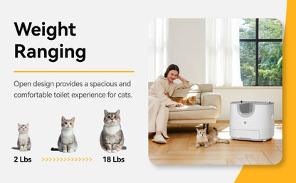 Self-cleaning cat litter box with an open design, advanced safety sensors, and extra-large capacity for multi-cat households. Practical, hassle-free, and ideal for easy daily cleaning.