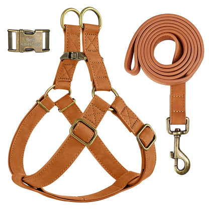 Custom PU leather dog harness and leash set with engraved ID buckle. Durable vest-style harness with matching lead rope, ideal for small and medium dogs, including bulldogs.