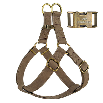 Custom PU leather dog harness and leash set with engraved ID buckle. Durable vest-style harness with matching lead rope, ideal for small and medium dogs, including bulldogs.