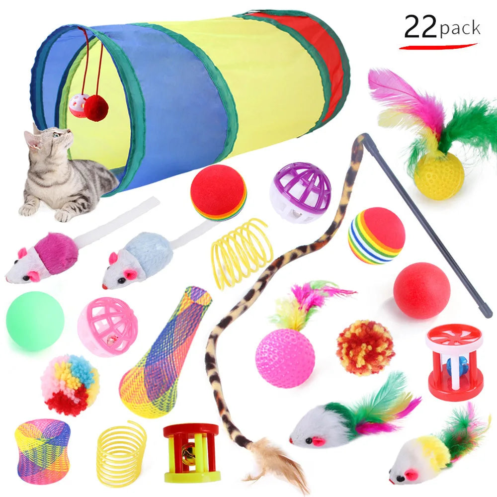 12–24PCS Cat Toy Set – Fun Interactive Kit with Wand, Sisal Mouse, Bells & Balls
