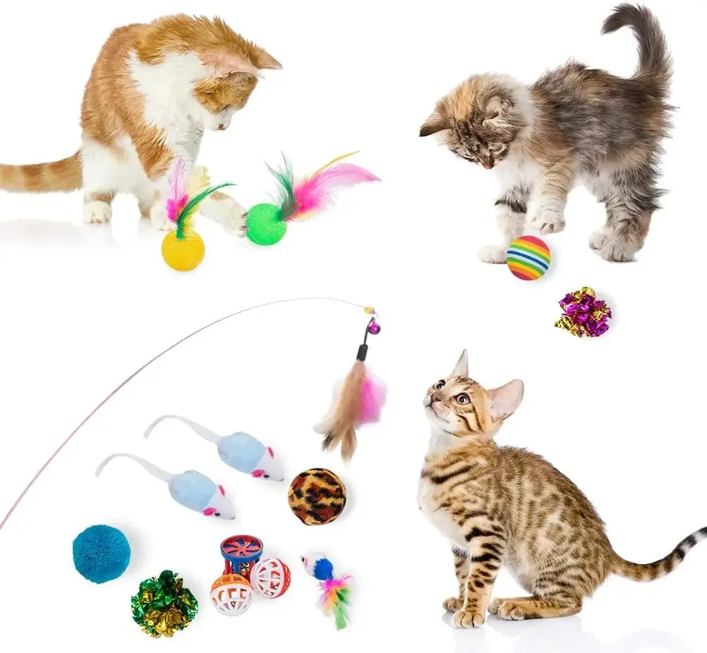 12/20PCS Cat Toy Variety Set – Interactive Kit with Wand, Sisal Mouse, Balls & Bells