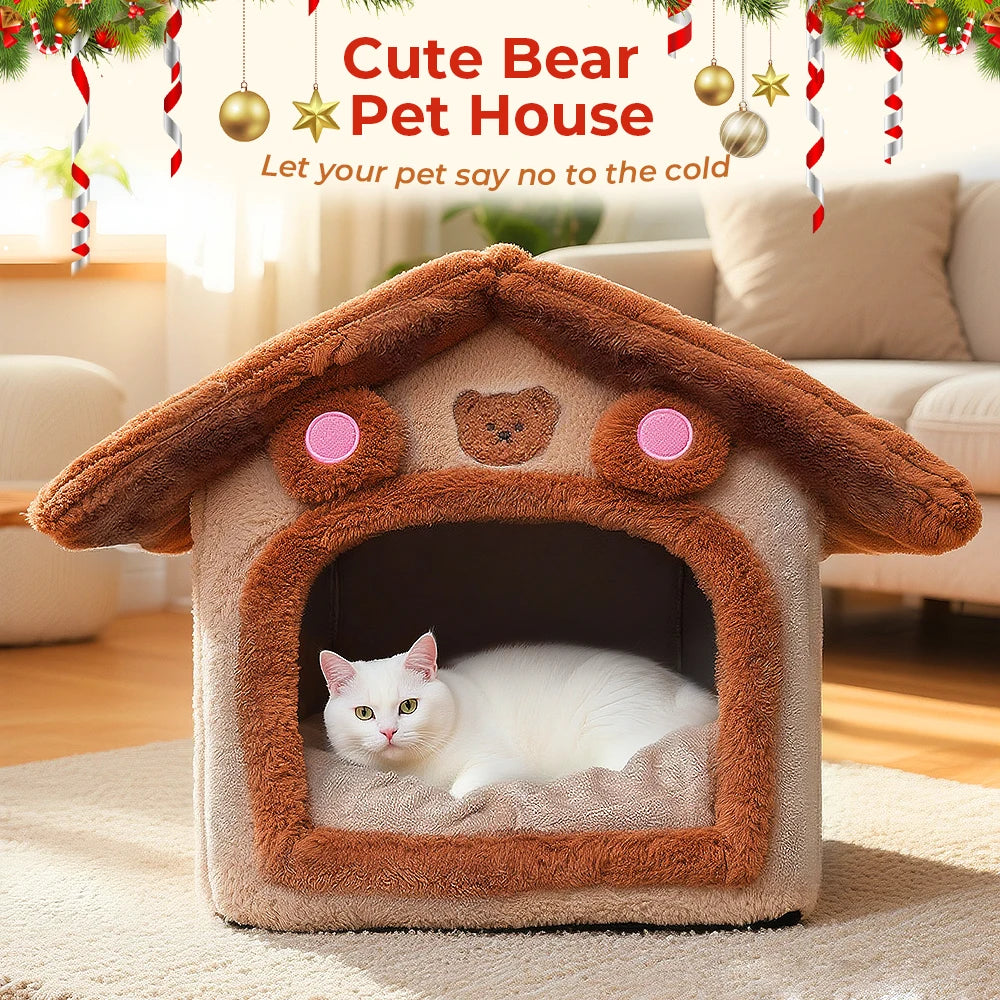 Extra Large Foldable Cat House with Cushion – Cute Bear Design, Warm Semi-Enclosed Pet Bed