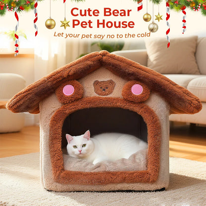 Extra Large Foldable Cat House with Cushion – Cute Bear Design, Warm Semi-Enclosed Pet Bed
