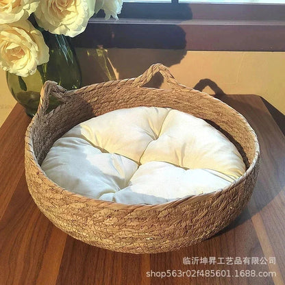 Woven Rattan Pet Bed – Round Donut Design with Soft Cushion for Cats & Small Dogs