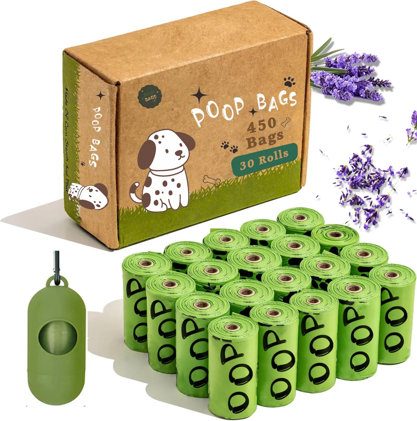Biodegradable Dog Poop Bags with Dispenser – Leakproof, Extra Thick Lavender-Scented