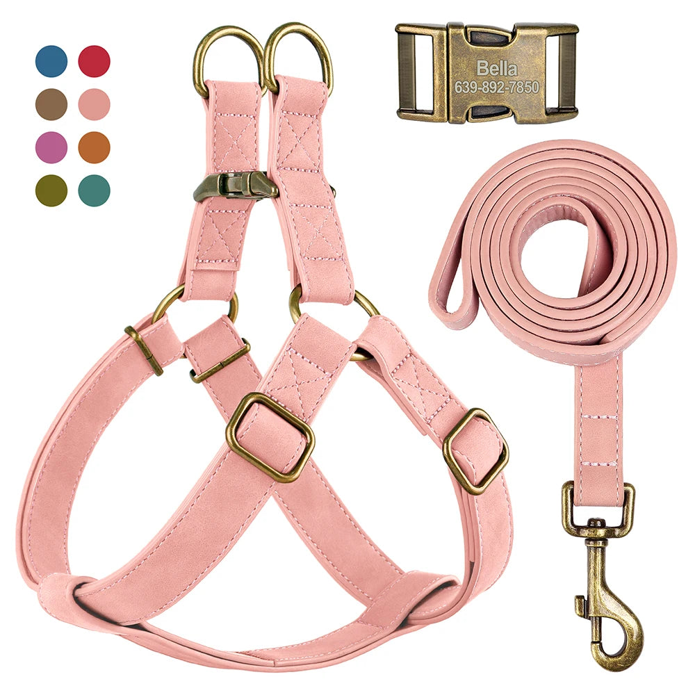 Custom PU leather dog harness and leash set with engraved ID buckle. Durable vest-style harness with matching lead rope, ideal for small and medium dogs, including bulldogs.