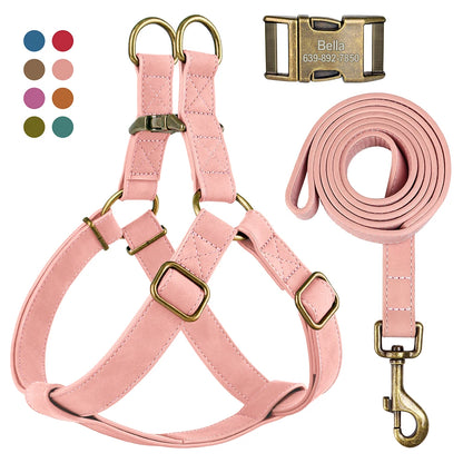 Custom PU leather dog harness and leash set with engraved ID buckle. Durable vest-style harness with matching lead rope, ideal for small and medium dogs, including bulldogs.