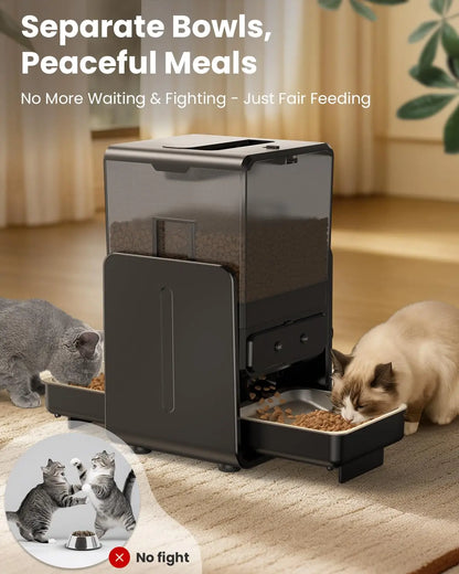 Smart Automatic 5G WiFi Cat Feeder with Dual Bowls, 5L Adjustable Dry Food Dispenser for Two Cats and Small Pets