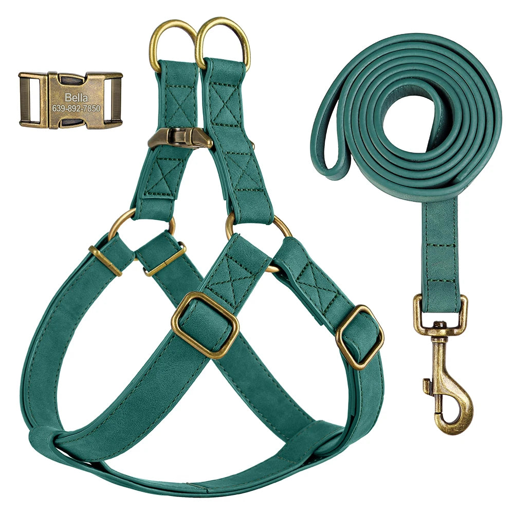 Custom PU leather dog harness and leash set with engraved ID buckle. Durable vest-style harness with matching lead rope, ideal for small and medium dogs, including bulldogs.