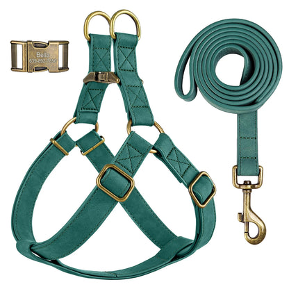 Custom PU leather dog harness and leash set with engraved ID buckle. Durable vest-style harness with matching lead rope, ideal for small and medium dogs, including bulldogs.