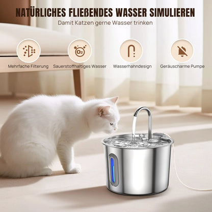 2.2L Stainless Steel Cat Water Fountain – Automatic Pet Water Dispenser with Quiet Pump & Visible Window