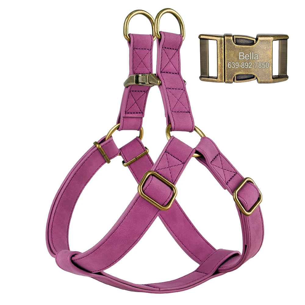 Custom PU leather dog harness and leash set with engraved ID buckle. Durable vest-style harness with matching lead rope, ideal for small and medium dogs, including bulldogs.