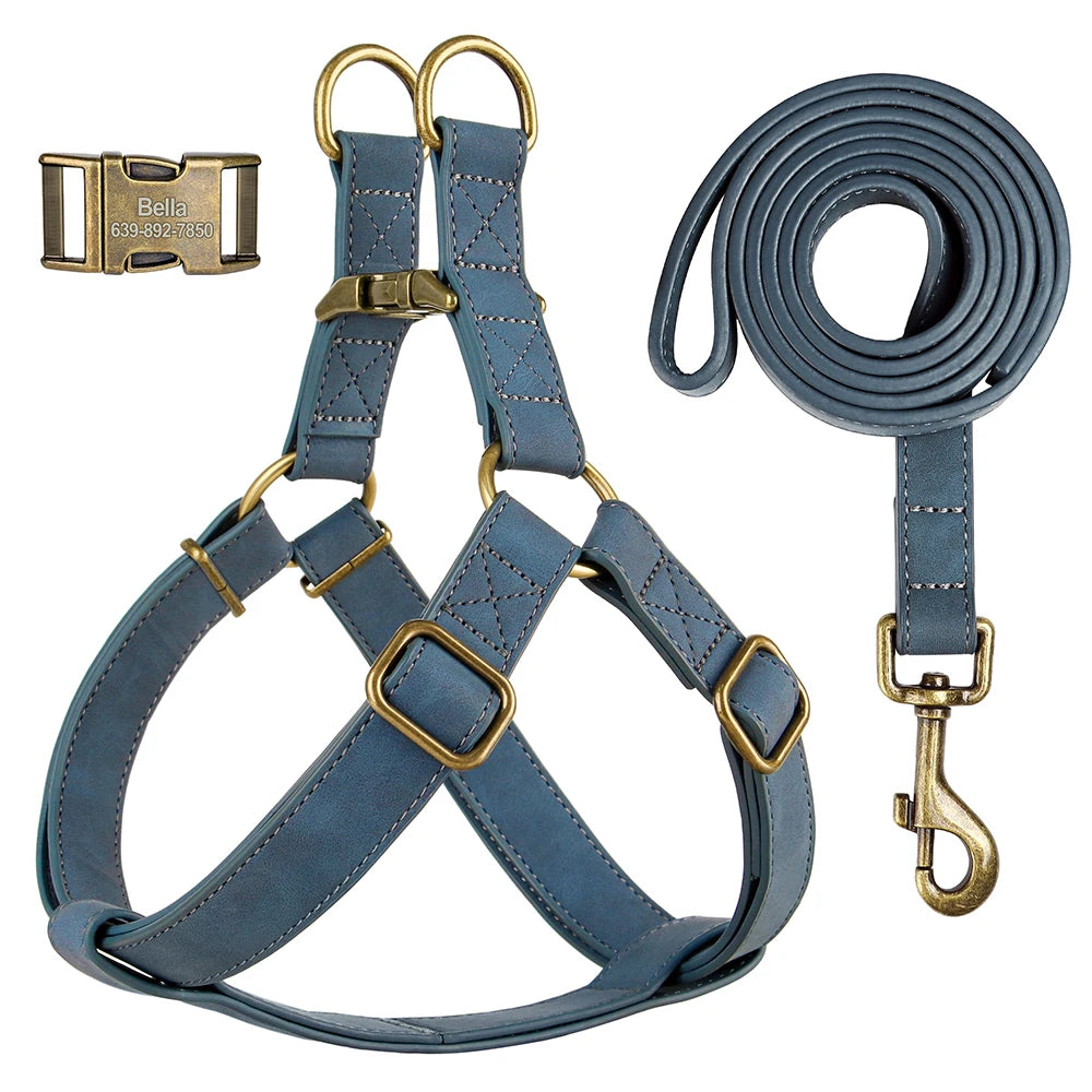 Custom PU leather dog harness and leash set with engraved ID buckle. Durable vest-style harness with matching lead rope, ideal for small and medium dogs, including bulldogs.