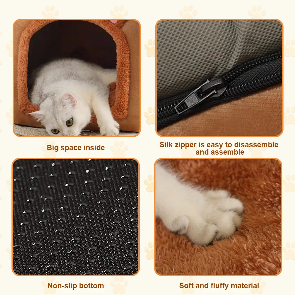 Extra Large Foldable Cat House with Cushion – Cute Bear Design, Warm Semi-Enclosed Pet Bed